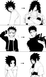  3boys absurdres age_progression arm_behind_back armor black_gloves black_jacket black_shirt blush cf_nrt child closed_eyes crossed_arms flying_sweatdrops furrowed_brow gloves greyscale grin hair_between_eyes hair_over_one_eye hand_on_own_face highres jacket long_hair monochrome multiple_boys naruto_(series) naruto_shippuuden outstretched_hand parted_bangs parted_lips pout ringed_eyes scar scar_on_cheek scar_on_face shirt short_hair shoulder_armor smile spiky_hair sweatdrop teeth uchiha_madara uchiha_obito uchiha_sasuke upper_body white_background white_shirt 