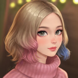  1girl blonde_hair blue_hair blurry blurry_background enid_sinclair green_eyes highres lips looking_at_viewer multicolored_hair parted_hair pink_hair portrait revision solo sweater the_addams_family turtleneck turtleneck_sweater umigraphics wavy_hair wednesday_(netflix) 
