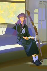 1girl absurdres alternate_costume black_serafuku black_shirt black_shoes black_skirt blunt_bangs chinese_commentary closed_mouth collared_shirt commentary_request contemporary fern_(sousou_no_frieren) full_body highres holding holding_paper holding_pen joumey loafers long_hair long_sleeves looking_at_viewer paper pen photo-referenced pleated_skirt purple_hair school_uniform serafuku shirt shoes sitting skirt socks solo sousou_no_frieren staff train_interior violet_eyes white_socks 