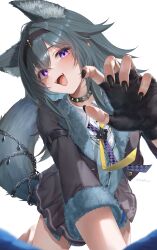  1girl :d absurdres all_fours animal_ear_fluff animal_ears black_jacket black_nails black_skirt blue_gloves blue_hair cardigan_vest chain claw_pose collared_shirt dress_shirt fangs fingerless_gloves fur-trimmed_jacket fur-trimmed_sleeves fur_trim gao_garuru_(vtuber) gloves hair_between_eyes highres jacket long_hair looking_at_viewer mugi_maccha nail_polish necktie pleated_skirt purple_necktie shirt simple_background skirt smile solo stella_lab tail violet_eyes virtual_youtuber white_background white_shirt wolf_ears wolf_girl wolf_tail 