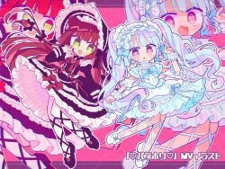  2girls :d :o ankle_lace-up black_bonnet black_dress black_nails black_shoes blue_bow blue_bowtie blue_dress blue_hair blue_nails blunt_bangs blush bonnet bow bowtie braid bright_pupils commentary_request different_zoom_layer dress footwear_bow frilled_dress frilled_hairband frills full_body green_eyes hair_bow hairband hand_up highres juliet_sleeves long_hair long_sleeves looking_at_viewer multicolored_hair multiple_girls nail_polish open_mouth original pantyhose pink_eyes pink_hair puffy_sleeves red_background red_hair richard_(richaball) shoes smile three-quarter_sleeves twintails two-tone_hair white_bow white_hairband white_pantyhose white_pupils white_shoes zoom_layer 