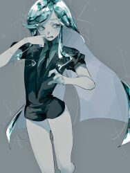  1other alternate_hair_length alternate_hairstyle androgynous aqua_eyes aqua_hair black_shorts character_request check_character commentary_request eyelashes gem_uniform_(houseki_no_kuni) glint goan_pizya grey_background highres houseki_no_kuni long_hair open_mouth other_focus phosphophyllite shorts standing sweatdrop very_long_hair 