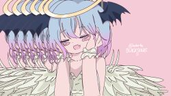  black_souls_2 black_wings blue_hair blush closed_eyes fake_halo fang faydee feathered_wings gradient_hair hand_on_own_face head_wings lingeriena_(black_souls) open_mouth pink_background pink_hair signature white_bra white_wings white_wrist_cuffs yellow_halo 