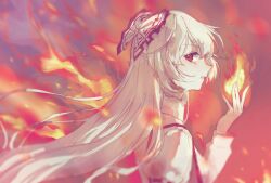  1girl blurry bow fire fujiwara_no_mokou hair_bow highres long_hair long_sleeves looking_at_viewer navybluesparrow ofuda ofuda_on_clothes red_eyes ribbon shirt solo suspenders touhou very_long_hair white_bow white_hair white_shirt 