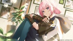  1girl black_gloves blue_eyes blue_pantyhose blurry blurry_foreground brown_jacket closed_mouth commentary_request copyright_notice double_bun fingerless_gloves from_side gloves hair_bun hood hood_down hooded_jacket jacket kaf_(kamitsubaki_studio) kamitsubaki_studio kawausoman knees_up light_bulb looking_at_viewer multicolored_jacket official_art pantyhose picture_frame pink_hair plant potted_plant short_hair sitting solo virtual_youtuber white_jacket yellow_pupils 