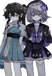  !? 2girls absurdres aged_down aqua_dress aqua_eyes arms_behind_back beret black_dress black_hair black_hat bow bowtie brown_hair closed_mouth commentary_request dress earrings feet_out_of_frame flower hair_between_eyes hair_flower hair_ornament hat hat_flower herta_(honkai:_star_rail) herta_(stars_silent_as_enigmas)_(honkai:_star_rail) highres honkai:_star_rail honkai_(series) jewelry long_hair looking_at_viewer multiple_girls official_alternate_costume parted_lips ponytail purple_bow purple_bowtie ruan_mei_(honkai:_star_rail) sailor_collar sayu_(r12_34) short_hair simple_background thigh-highs violet_eyes white_background white_thighhighs 