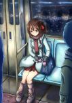  bag boots braid coat gloves highres original reflection scarf side_ponytail sitting skirt solo star train train_interior zen_(weishanzhe) 