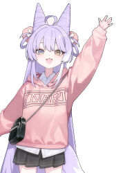  1girl absurdres ahoge arm_up bag black_skirt blue_eyes clothes_writing commentary_request cone_hair_bun cowboy_shot double-parted_bangs double_bun elppi hair_bun hair_ornament hair_rings heterochromia highres hood hood_down hoodie korean_commentary long_hair long_sleeves miniskirt open_mouth pink_hoodie pleated_skirt pom_pom_(clothes) pom_pom_hair_ornament print_hoodie purple_hair shoulder_bag simple_background skirt smile solo standing stellive straight_hair tenko_shibuki very_long_hair virtual_youtuber waving white_background yellow_eyes 
