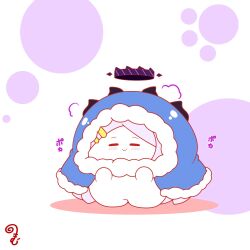  blue_archive blush chibi closed_eyes closed_mouth colored_shadow commentary_request facing_viewer forehead fur_trim grey_hair hair_ornament hairclip halo hands_up highres hina_(blue_archive) horns kurukurumagical long_hair parted_bangs shadow smile solo standing very_long_hair white_background 