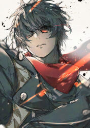  1boy black_jacket eye_trail green_eyes green_hair grey_background hair_between_eyes hair_over_one_eye highres jacket light_trail lighter_(zenless_zone_zero) male_focus merry_(secilhodoshima) motion_blur parted_lips red_pupils red_scarf scarf short_hair shoulder_spikes solo spiked_jacket spikes sunglasses twitter_username upper_body zenless_zone_zero 