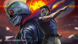 1boy antennae belt black_hair glowing glowing_eyes hayaken_sarena helmet henshin henshin_pose kamen_rider kamen_rider_(1st_series) kamen_rider_1 mask muscular muscular_male official_art pants red_eyes red_scarf scarf shirt short_hair tokusatsu toujima_tanzaburou toujima_tanzaburou_wa_kamen_rider_ni_naritai