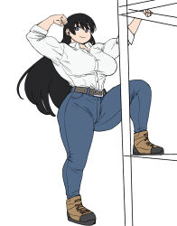  1girl alternate_muscle_size arato_nagi arms_up belt black_hair blue_eyes blue_pants breasts brown_belt brown_shoes closed_mouth collared_shirt commentary_request denim dress_shirt earrings flat_color flexing full_body highres jeans jewelry knee_up large_breasts long_hair muscular muscular_female onsen_tamago_(hs_egg) pants ruri_no_houseki shirt shirt_tucked_in shoes simple_background smile solo stepping_on_object white_background 