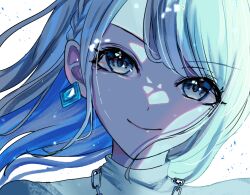  1girl 7naako5 azusawa_kohane blue_hair chain chain_necklace close-up closed_mouth commentary_request diamond-shaped_earrings grey_eyes highres jewelry long_hair looking_at_viewer necklace project_sekai simple_background smile solo turtleneck v-shaped_eyebrows white_background 