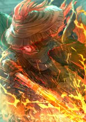  1boy absurdres bandage_over_one_eye bird_boy bird_wings brown_scarf brown_wings buzaii cowboy_shot feathers fire hat heathcliff_(project_moon) heishou_pack-you_branch_(identity)_(project_moon) highres holding holding_sword holding_weapon limbus_company looking_at_viewer project_moon red_feathers rice_hat scarf solo sparks sword weapon wings 