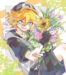 1boy aotu_world baseball_cap black_gloves black_hat black_shorts blonde_hair blue_eyes blue_flower bouquet chinese_commentary fangs fingerless_gloves flower gloves hair_between_eyes hat highres holding holding_bouquet holding_flower hood hood_down hoodie king_(aotu_world) leaf looking_at_viewer male_focus multicolored_hat multicolored_hoodie open_mouth petals pink_flower pink_petals pointy_ears rose short_hair short_sleeves shorts sitting smile solo sunflower teeth white_hoodie yellow_flower zaoxi395 