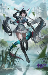  absurdres arknights arknights:_endfield artist_name az'ruler black_boots black_hair blue_gloves blue_horns blue_tail boots chen_qianyu_(arknights) commentary cropped_jacket day dragon_girl dragon_horn dragon_horns dragon_tail dress dual_wielding eastern_dragon_tail full_body gloves grey_eyes highres holding holding_sword holding_weapon horns jacket knee_boots long_hair long_sleeves looking_at_viewer open_clothes open_jacket open_mouth outdoors pink_horns pink_pupils red_tail short_dress solo sword tail teeth twintails upper_teeth_only weapon 