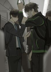  2boys absurdres alternate_costume black_coat black_eyes black_hair black_jacket blue_necktie coat collared_shirt cowboy_shot hand_grip hand_on_another's_arm highres holding_hand_grip jacket keomikan kim_dokja male_focus mask mouth_mask multiple_boys necktie omniscient_reader's_viewpoint people shirt short_hair standing striped_clothes striped_jacket train_interior white_shirt yoo_joonghyuk 