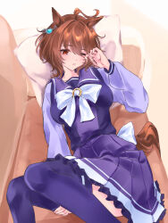  agnes_tachyon_(umamusume) ahoge animal_ears bow bowtie breasts brown_hair chemical_structure closed_mouth ear_ornament earrings hair_between_eyes highres holding_own_leg horse_ears horse_girl horse_tail jewelry medium_breasts pleated_skirt purple_sailor_collar purple_shirt purple_skirt purple_thighhighs red_eyes rubbing_eyes sailor_collar shirt shirt_tucked_in short_hair single_earring skirt sleepy tail thigh-highs umamusume user_xkcn4853 waist_bow white_bow white_bowtie wolf_cut zettai_ryouiki 