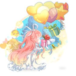  1girl absurdly_long_hair balloon barefoot birthday blue_sky chibi collared_dress dress flower from_side gift hair_ribbon heart_balloon high_collar highres interruption_(echo-023) juliet_sleeves large_ribbon long_dress long_hair long_sidelocks long_sleeves nikki_(nikki) nikki_(series) pink_hair pleated_dress procreate_(medium) puffy_sleeves red_flower red_rose ribbon rose shadow sidelocks sky solo standing star_(symbol) star_balloon tree very_long_hair wavy_hair white_background white_dress white_ribbon 