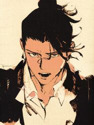  1boy black_hair black_jacket brown_eyes collared_shirt gakuran getou_suguru hair_bun highres jacket jujutsu_kaisen looking_at_viewer male_focus open_collar open_mouth portrait sanpaku school_uniform shirt shki00 single_hair_bun solo teeth white_shirt 