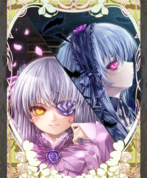  2girls barasuishou black_collar black_hairband black_ribbon closed_mouth collar detached_collar feathers flower flower_eyepatch frilled_shirt frills grey_hair hair_ribbon hairband lolita_hairband long_hair looking_at_viewer misaki_(kyal_001) multiple_girls neck_ribbon petals pillarboxed pink_eyes purple_flower purple_rose purple_shirt ribbon rose rozen_maiden shirt smile split_theme suigintou yellow_eyes 