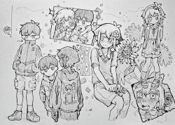  1girl 4boys absurdres alternate_costume antenna_hair arms_behind_back basil_(faraway)_(omori) basil_(omori) blush braid bug chinese_commentary closed_mouth collared_shirt commentary_request double-parted_bangs dual_persona flower genderswap genderswap_(mtf) greyscale hair_between_eyes hair_flower hair_ornament hands_in_pockets highres holding holding_key hood hood_down hoodie key long_hair long_sleeves looking_at_another low_twin_braids male_focus monochrome multiple_boys omori omori_(omori) open_mouth rabbit shirt shoes short_hair short_sleeves shorts sidelocks smile sneakers socks something_(omori) speech_bubble spider spoken_expression stranger_(omori) sunflower sunny_(omori) sweat sweater_vest teeth thatbirdcanfly traditional_media twin_braids upper_teeth_only 