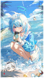  1boy 2girls absurdres arona_(blue_archive) black_hairband blue_archive blue_eyes blue_hair blue_halo blue_shirt blush bow_hairband braid choker closed_mouth colored_inner_hair doodle_sensei_(blue_archive) grey_eyes hair_over_one_eye hairband halo highres mogurine multicolored_hair multiple_girls ocean pink_hair plana_(blue_archive) sailor_collar sensei_(blue_archive) shirt shoes single_braid skirt smile sneakers squatting traditional_media two-tone_hair viewfinder white_choker white_hair white_hairband white_sailor_collar white_shoes white_skirt 