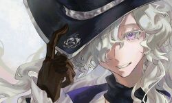  1girl adjusting_clothes adjusting_headwear black_hat brown_gloves curly_hair gloves grin hair_over_one_eye hand_on_headwear hand_up hat highres looking_at_viewer mole mole_under_mouth official_alternate_costume one_eye_covered portrait reverse:1999 smile solo teeth violet_eyes white_background white_hair windsong_(reverse:1999) yongwu_leyuan 