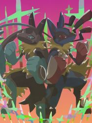 2others animal_ears black_fur blue_eyes blue_fur body_fur furry highres looking_at_viewer lucario mega_lucario mega_lucario_z mega_pokemon monomo_monomos multicolored_fur multiple_others pokemon pokemon_(creature) pokemon_focus pokemon_legends:_z-a red_eyes spikes yellow_fur 