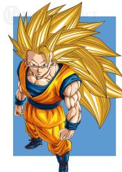  1boy absurdres blonde_hair blue_background blue_boots blue_shirt boots border dragon_ball dragon_ball_daima full_body green_eyes highres long_hair maddnessart muscular muscular_male no_eyebrows orange_pants orange_tunic pants shirt simple_background solo son_goku spiky_hair super_saiyan super_saiyan_3 tunic white_border 