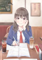 12_graka 1girl absurdres blazer blue_jacket blurry blurry_background book brown_eyes brown_hair chair closed_mouth collared_shirt commentary_request cup drink drinking_glass drinking_straw hand_on_own_cheek hand_on_own_face highres holding holding_pen indoors jacket light_blush long_hair long_sleeves looking_at_viewer necktie notebook on_chair open_book original pen pov_across_table red_necktie restaurant school_uniform shirt sitting smile solo studying table white_shirt writing 