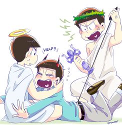  3boys anger_vein angry blue_suit crying demon_boy demon_horns demon_tail flying_sweatdrops grabbing_another's_tail halo holding_statue horns laurel_crown looking_at_another male_focus matsuno_choromatsu matsuno_karamatsu matsuno_osomatsu mone_(14ri0000) multiple_boys osomatsu-san osomatsu_(series) plague_doctor_mask shouting struggling suit sweat tail tail_pull toga twitter_username white_background worried 