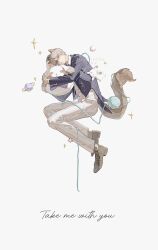 1boy animal_ears black_jacket brown_shoes cat_boy cat_ears cat_tail chaoxibumian collared_shirt floating full_body grey_hair grey_pants hair_between_eyes highres holding holding_stuffed_toy jacket kemonomimi_mode love_and_deepspace male_focus pants planet rabbit shirt shoes short_hair solo sparkle stuffed_animal stuffed_rabbit stuffed_toy suit_jacket tail white_background white_shirt xavier_(love_and_deepspace) yarn yarn_ball 