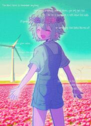  1boy :d ^_^ androgynous antenna_hair arms_at_sides bare_arms basil_(headspace)_(omori) basil_(omori) blue_flower blue_shirt blush child chromatic_aberration closed_eyes collared_shirt cowboy_shot day double-parted_bangs english_text facing_back facing_viewer field film_grain flower flower_field from_behind green_hair green_sky hair_between_eyes heavy_film_grain highres leaf male_focus my_loleeta omori open_mouth outdoors photo_background pink_flower pink_rose pocket purple_flower purple_rose rose shirt short_hair short_sleeves sidelocks sky smile solo standing tongue wind_turbine 