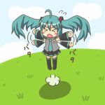  &gt;_&lt; ahoge aqua_hair arm_flapping arms_up blush_stickers chibi cloud clouds flapping flying grass hatsune_miku kakushiaji open_mouth sky solo thighhighs twintails vocaloid 