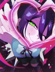  1girl blush chainsaw_man dress_shirt from_above green_eyes happy head_tilt heart heart_hands highres kuzyaku one_eye_closed purple_hair reze_(chainsaw_man) ribbon shirt shorts sleeveless sleeveless_shirt smile zettai_ryouiki 