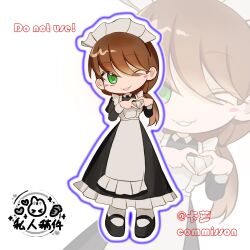 1girl alternate_costume animification apron black_dress black_shoes blush brown_hair chinese_commentary commentary_request deformed dress eddsworld ell_(eddsworld) enmaided green_eyes heart heart_hands highres long_dress long_hair looking_at_viewer low_ponytail maid maid_apron maid_headdress mu997239 one_eye_closed pantyhose ponytail shoes smile solo standing white_apron white_pantyhose zoom_layer 