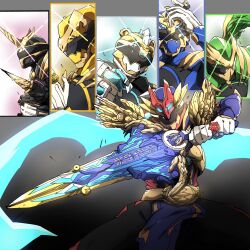  1girl 5boys armor black_helmet blue_armor blue_helmet cowboy_shot gozyueagle gozyuleon gozyupolar gozyutyranno gozyuunicorn gozyuwolf green_helmet helmet highres holding holding_sword holding_weapon horns multiple_boys naitsupic no.1_sentai_gozyuger red_helmet single_horn super_sentai sword tokusatsu weapon white_helmet yellow_helmet 