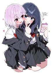  2girls absurdres black_hair black_jacket black_skirt blue_eyes blush bow bowtie cellphone gridman_universe happy_birthday heart highres holding holding_phone jacket long_sleeves multiple_girls open_mouth phone pink_eyes pink_hair red_bow red_bowtie shinjou_akane shirt simple_background skirt smartphone ssss.gridman takarada_rikka v v_over_mouth white_background white_shirt yuri zhanzhangzlw 