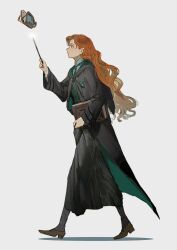  1girl black_robe black_skirt black_thighhighs blue_eyes book brown_shoes bug butterfly from_side full_body green_necktie green_vest gynger_edventray_(hiiragimare) highres hiiragimare hogwarts_legacy hogwarts_school_uniform holding holding_book holding_wand hooded_robe long_hair long_skirt mary_janes necktie original red_hair robe school_uniform shirt shoes simple_background skirt slytherin solo thigh-highs vest walking wand white_background white_shirt wizarding_world 