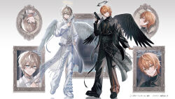  2boys angel_wings arm_at_side asymmetrical_clothes asymmetrical_coat azuma_hatori belt belt_buckle black_belt black_halo black_jacket black_nails black_pants black_shirt black_shoes blue_bow blue_eyes blue_gemstone blue_nails body_chain bow brown_hair buckle chain chain_choker choker closed_mouth cloud_tattoo coat collared_shirt copyright_notice corset cross cross-laced_pants cross_earrings crossed_bangs crown_of_thorns earclip earrings expressionless facial_tattoo feathered_wings frilled_pants frilled_shirt frills full_body gem gradient_background grey_background gun hair_between_eyes halo hand_on_own_hip hand_up handgun harness highres holding holding_gun holding_weapon indie_utaite jacket jewelry kooku_(utaite) lapel_pin lapels long_sleeves looking_at_viewer male_focus multiple_belts multiple_boys multiple_rings multiple_views nail_polish notched_lapels o-ring o-ring_belt off_shoulder official_art open_clothes open_coat open_jacket orange_eyes orange_gemstone orange_hair pants parted_lips pearl_choker pendant_choker picture_frame platform_shoes pouch profile reflective_floor ring safety_pin see-through_clothes see-through_coat shirt shoes short_hair side-by-side simple_background sleeves_past_wrists smile soravvn spiked_halo standing tattoo thigh_strap tile_floor tiles triangle_ring trigger_discipline turtleneck turtleneck_shirt undershirt upturned_eyes utaite waist_cape weapon white_background white_belt white_choker white_coat white_corset white_pants white_shoes white_wings wings zoom_layer 