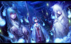 3girls animal_ears blue_eyes blue_fire blue_hair chihaya_(clothing) commentary_request cowboy_shot fingernails fire flower fox_ears fox_girl ghost hair_between_eyes hakama hakama_skirt haori hitodama horns japanese_clothes kimono letterboxed lips long_hair long_sleeves looking_at_viewer miko misaki_(kyal_001) multiple_girls multiple_torii original outdoors parted_lips rain realistic red_eyes red_flower red_skirt shiroshouzoku short_hair shrine skin-covered_horns skirt spider_lily tombstone torii tree triangular_headpiece white_hair white_kimono wide_sleeves yellow_eyes 