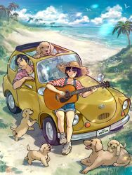  1boy 1girl acoustic_guitar artist_logo baby_animal beach black_hair blue_shorts cat cigarette clouds cloudy_sky collarbone commentary day dog grass guitar hat highres holding holding_guitar holding_instrument instrument license_plate logo looking_at_viewer nanami_tomorou original outdoors palm_tree puppy red_shirt shirt shoes shorts sky smoking sneakers straw_hat striped_clothes striped_shirt suspender_shorts suspenders symbol-only_commentary tree two-tone_shirt white_shirt 