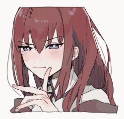  1girl blue_eyes blush bright_pupils brown_hair closed_mouth commentary_request dot_nose hair_between_eyes light_smile long_hair looking_at_viewer makise_kurisu portrait raised_eyebrow science_adventure solo steins;gate suehiroch0 white_background white_pupils 