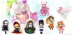  6+girls barasuishou black_dress black_hairband black_ribbon blonde_hair blue_shorts bonnet book boots bow bowtie brown_hair brown_ribbon chibi chibi_inset coat commentary_request cross cross-laced_clothes cross-laced_dress cross_print dress drill_hair flower flower_eyepatch flower_over_eye frilled_dress frilled_shirt frilled_sleeves frills full_body gothic_lolita green_bow green_bowtie green_dress green_eyes green_hair grey_hair hair_bow hair_flower hair_ornament hair_ribbon hairband hat headscarf heterochromia hinaichigo holding holding_book kanaria kirakishou lace-up_boots lappet layered_dress leg_ribbon lolita_fashion long_dress long_hair long_sleeves looking_at_viewer misaki_(kyal_001) multiple_girls neck_ribbon orange_romper orange_umbrella pantyhose parasol paw_pose pink_bow pink_coat purple_flower purple_rose purple_shirt purple_skirt red_bonnet red_dress red_eyes red_shoes ribbon romper rose rozen_maiden shinku shirt shoes short_hair shorts sitting skirt souseiseki standing suigintou suiseiseki swept_bangs top_hat twin_drills twintails umbrella very_long_hair violet_eyes white_boots white_dress white_flower white_hair white_headscarf white_pantyhose white_rose white_shirt white_skirt yellow_coat yellow_eyes 