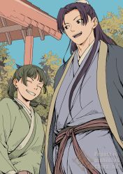  1boy 1girl architecture beads blue_ribbon blue_robe blunt_bangs bun_cover chara_no7 chinese_clothes closed_eyes east_asian_architecture green_shirt grin hair_beads hair_bun hair_ornament hair_ribbon half_updo highres jinshi_(kusuriya_no_hitorigoto) kusuriya_no_hitorigoto long_hair maomao_(kusuriya_no_hitorigoto) open_mouth outdoors parted_bangs ribbon robe shirt sidelocks smile teeth twitter_username violet_eyes 