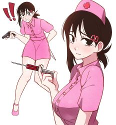  1girl absurdres black_hair blood chainsaw_man gun higashiyama_kobeni highres jeff_miga looking_at_viewer nurse solo standing syringe thighs weapon 