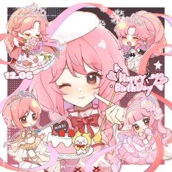  5girls ^_^ ankle_cuffs armor bare_shoulders bead_choker beads beret between_fingers birthday_cake black_background black_boots black_gloves bloom_poetry_(shining_nikki) boots border bouquet bow bowtie bracelet braid braided_bun breastplate brown_eyes bubble_skirt cake cape chibi chinese_commentary choker closed_eyes closed_mouth coattails collared_shirt commentary_request covered_mouth cross-laced_clothes cross-laced_dress crown_braid dated dot_nose dress dress_flower earrings elbow_gloves english_text eyelashes finger_to_cheek flower flower_bracelet flower_earrings flower_skirt food footwear_bow frilled_choker frilled_dress frilled_shirt_collar frills fruit fur-trimmed_cape fur_trim gloves gown gradient_background hair_beads hair_bun hair_flower hair_ornament hair_over_shoulder hairband half_updo halftone hand_on_own_cheek hand_on_own_face happy happy_birthday hat high_collar high_heels highres holding holding_bouquet holding_plate holding_spoon holding_sword holding_weapon infinity_nikki jewelry light_blush lipstick long_dress long_hair long_sleeves looking_at_viewer low_twin_braids makeup medium_dress melody_bloom_(infinity_nikki) miracle_nikki momo_(nikki) multiple_girls multiple_views nikki_(nikki) nikki_(series) nikki_up2u2:_world_traveller one_eye_closed open_mouth outline outside_border parted_bangs peony_(flower) pinafore_dress pink_background pink_bow pink_dress pink_flower pink_gloves pink_hair pink_lips pink_ribbon pink_rose plaid_clothes plaid_dress plate ponytail qingyang_huahe_mu red_bow red_bowtie red_cape ribbon rose shining_nikki shirt shoes short_dress short_hair_with_long_locks shoulder_bow silky_sweet_dream_(shining_nikki) sincere_dream_trip_(nikkiup2u2) single_hair_bun skirt sleeveless sleeveless_dress sleeves_past_wrists smile smirk snowflakes spoon star_(symbol) strapless strapless_dress strawberry sword thigh-highs tiara twin_braids updo upper_body very_long_hair weapon when_blossoms_gather_(miracle_nikki) white_arm_warmers white_border white_choker white_dress white_flower white_hairband white_hat white_shirt white_thighhighs yellow_outline yellow_shoes 