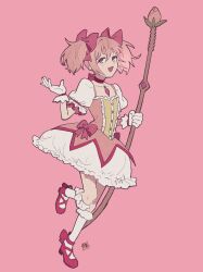  1girl bow bow_(weapon) choker dress frilled_socks frills full_body gloves highres holding holding_bow_(weapon) holding_weapon kaname_madoka kaname_madoka_(magical_girl) magical_girl mahou_shoujo_madoka_magica mahou_shoujo_madoka_magica_(anime) mochitose_aguri open_mouth pink_background pink_bow pink_choker pink_dress pink_hair pink_theme puffy_short_sleeves puffy_sleeves red_shoes shoes short_sleeves short_twintails signature simple_background socks solo soul_gem square_neckline twintails weapon white_gloves white_socks 