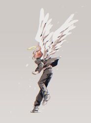  1boy angel angel_devil_(chainsaw_man) angel_wings belt black_belt black_jacket black_pants black_suit chainsaw_man commentary_request floating_hair from_behind grey_background halo highres jacket layered_sleeves long_sleeves macoshu male_focus pants red_hair shirt shirt_tucked_in shoes simple_background solo standing standing_on_one_leg suit suit_jacket white_shirt white_wings wings 